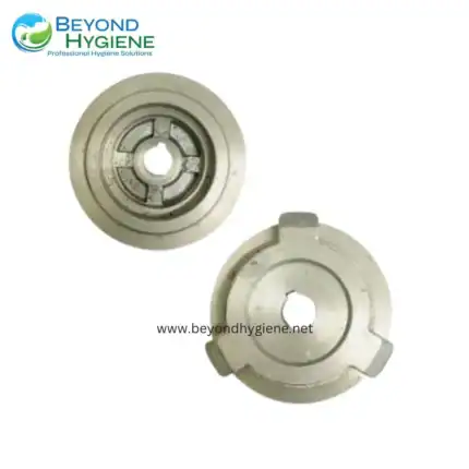 Labeled metal industrial components for hygiene equipment maintenance, featuring precision-machined parts for cleaning systems.