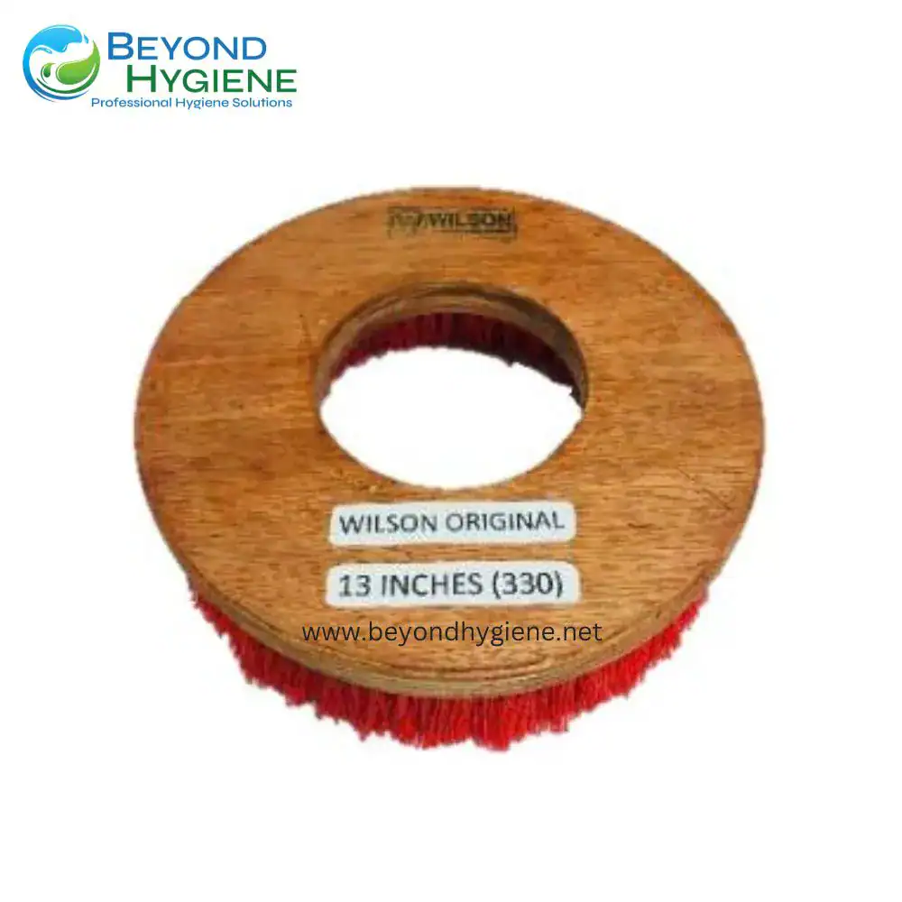 Wilson Nylon Brush 13 Code 330 13-inch circular scrubbing brush with wooden handle for professional cleaning applications.
