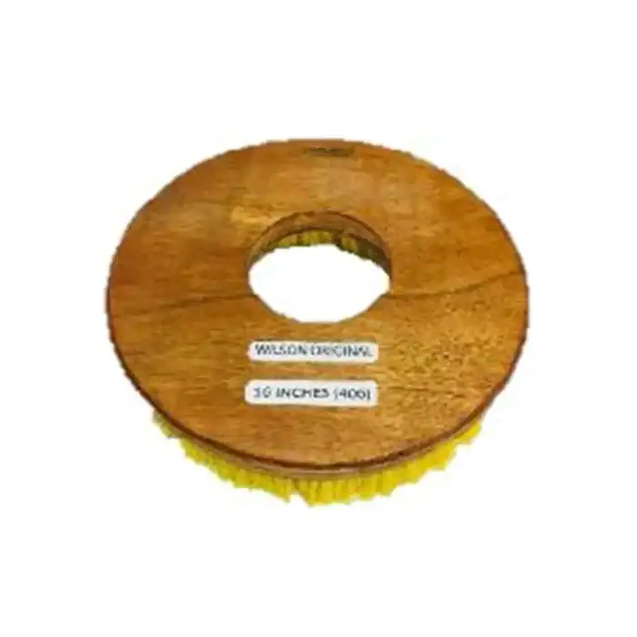 Durable wooden scrub brush with yellow bristles, ideal for cleaning tasks in commercial and industrial settings, featuring a circular design and high-quality materials.