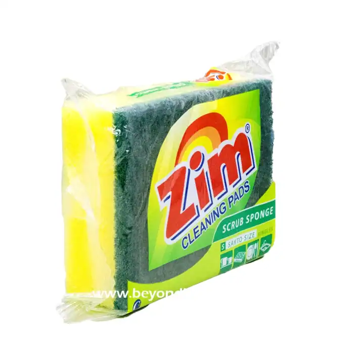 Bright yellow and green Zimos scrub sponge with cleaning pads, suitable for kitchen and household cleaning, designed for effective scrubbing and hygiene maintenance.