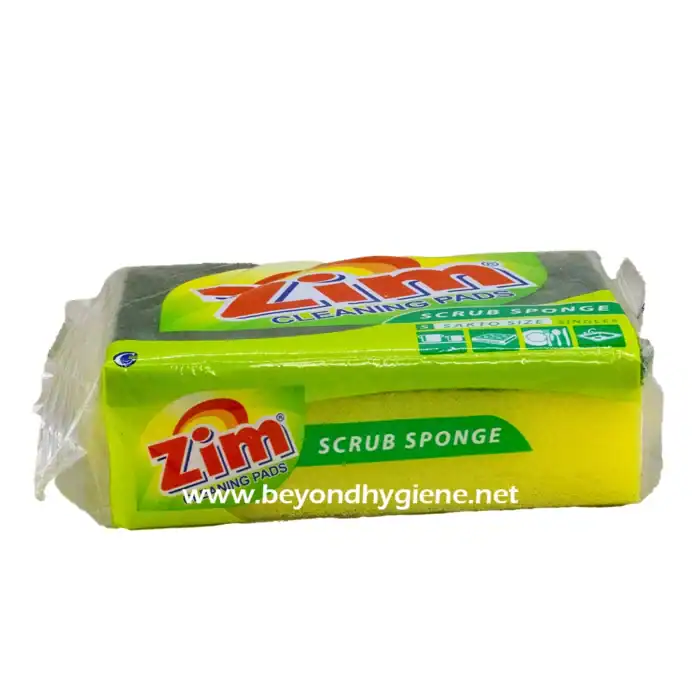 Cleaning sponge with scrubbing pads for kitchen and bathroom surfaces, portable and durable, ideal for cleaning dishes and countertops.
