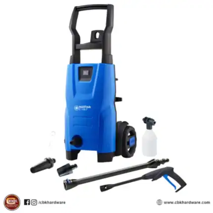 High-pressure electric power washer with adjustable spray nozzle, 1500W motor, compact design, ideal for commercial and industrial cleaning tasks. Includes spray gun, extension wand, and soap dispenser for versatile cleaning.