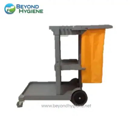 Rollable cleaning cart for hospital and commercial use, durable and mobile with storage compartments, ideal for hygiene and sanitation purposes.