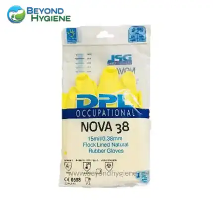 NOVA 38 Flock Lined Natural Rubber Gloves for Occupational Hygiene, 15ml/0.38mm thickness, yellow protective gloves for workplace safety and hygiene.