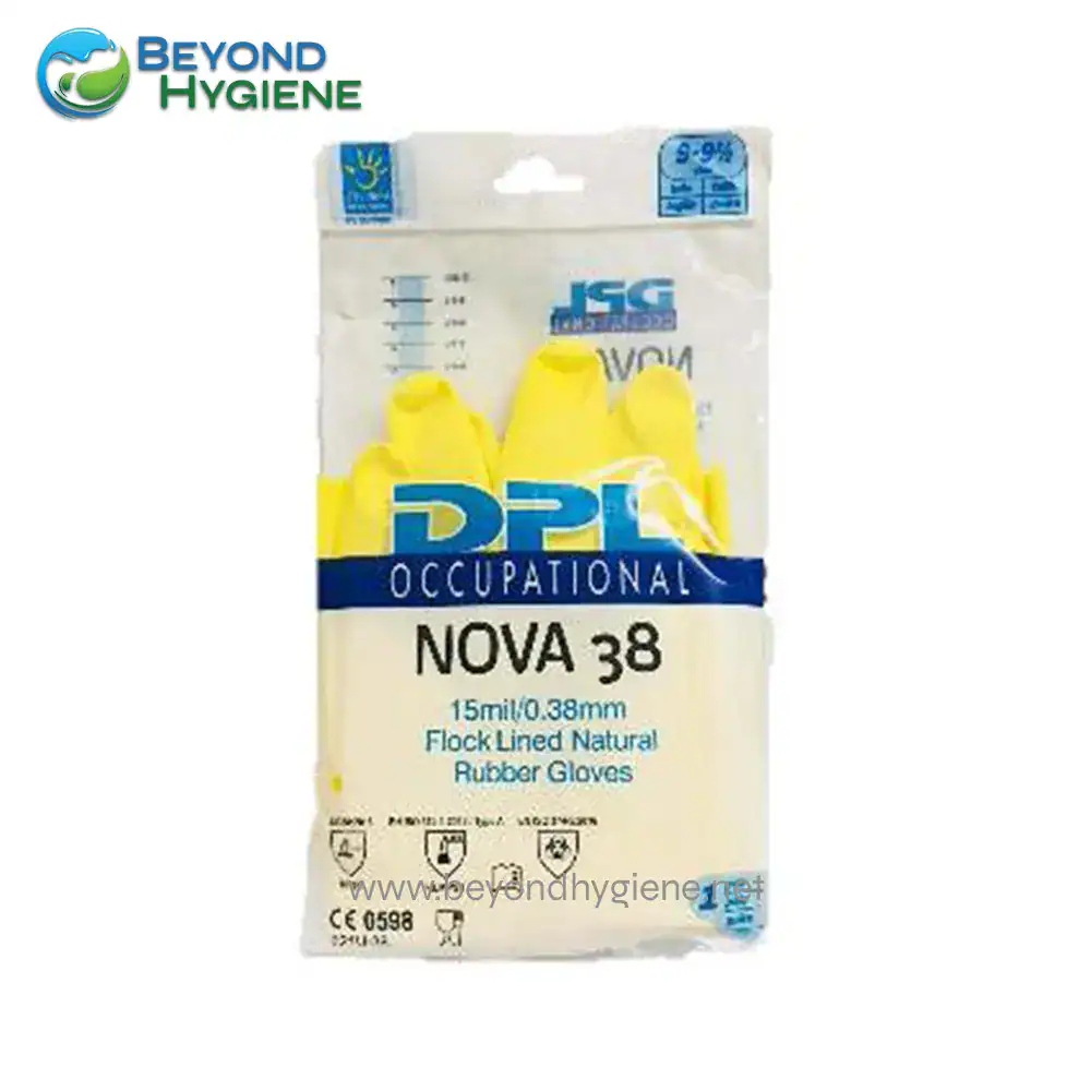 rubber Gloves (Nova 8) NOVA 38 Flock Lined Natural Rubber Gloves for Occupational Hygiene, 15ml/0.38mm thickness, yellow protective gloves for workplace safety and hygiene.