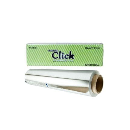 Aluminum foil roll in green packaging labeled "Click" with "Quality First" and "Jumbo Roll" text, used for food preservation and household purposes.