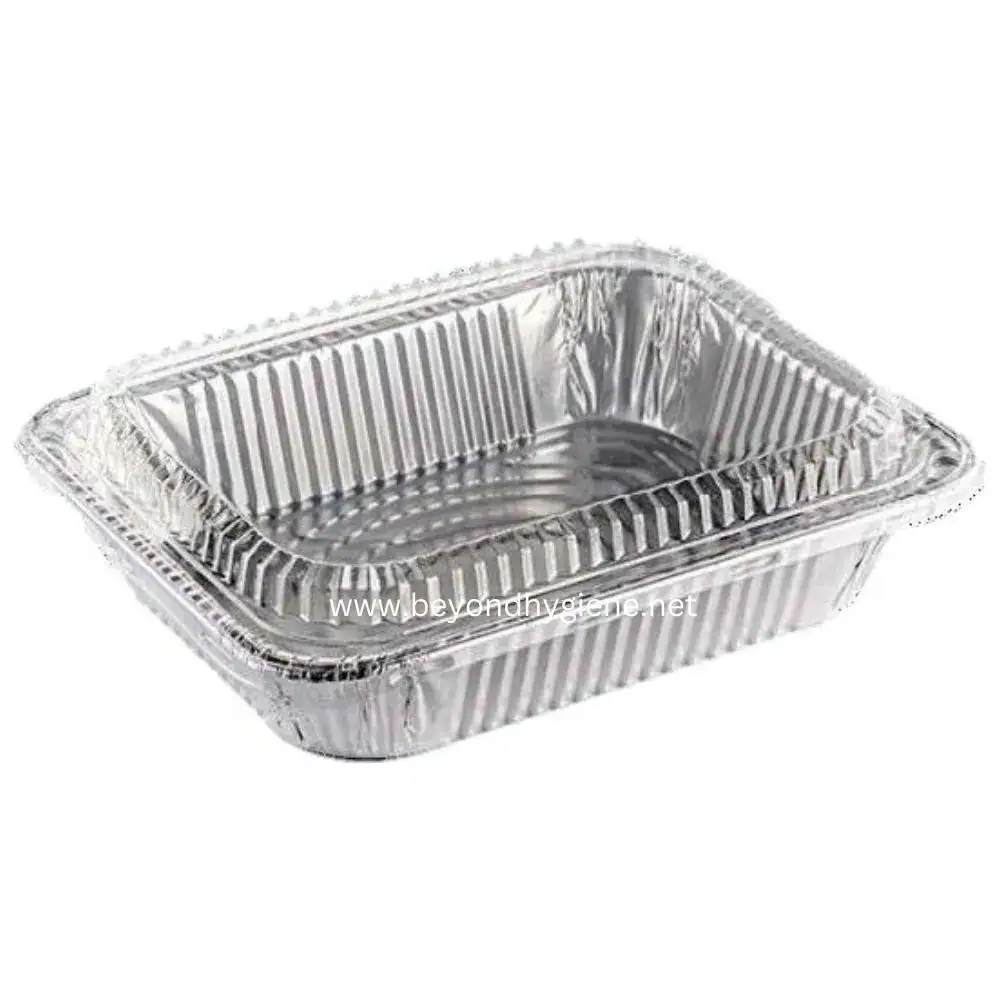 Aluminum Tray With Lid (Rectangular) Aluminum foil food container for catering, takeaway, and food storage, durable and eco-friendly. Perfect for restaurants, events, and home use, ensuring food freshness and safety.