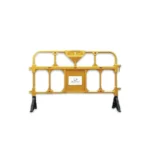 High visibility yellow safety barricade for crowd control, construction sites, or event security. Lightweight, durable, and portable with reflective features for enhanced safety.