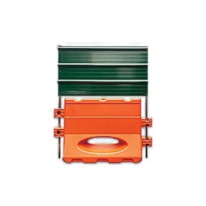 Protective barricade with green and orange plastic panels, used for safety and crowd control at construction sites or events. Durable and easy to assemble for effective crowd management.