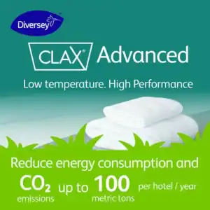 Diversey Clax Advanced laundry detergent for commercial cleaning, eco-friendly and energy-efficient solutions for hotels and hospitality industries in Asia.