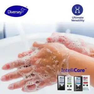 Diversey Intellicare hand sanitizer in use, demonstrating effective hand hygiene and foaming soap capabilities for healthcare and hygiene purposes.
