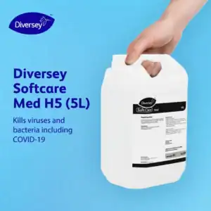 Diversey soft care hand sanitizer in a 5-liter container designed to kill viruses and bacteria, including COVID-19, providing effective hygiene solutions for health and safety compliance.