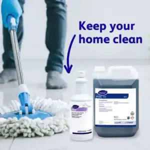 Disinfectant and cleaning supplies for home cleaning and hygiene.