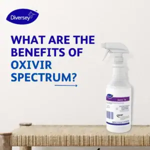 Diversey oxivir spectrum disinfectant spray on wooden table.