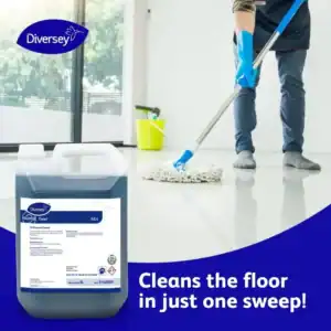Diversey all-purpose cleaner used for professional floor cleaning, demonstrated with a person mopping a clean, shiny floor in a modern setting.