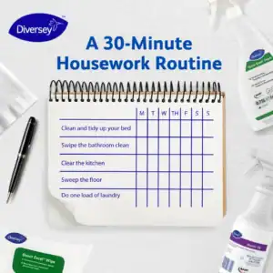 Cleaning routine checklist for housework including bed, bathroom, kitchen, floor, and laundry tasks, with weekly and daily schedule, promoting hygiene and cleanliness.
