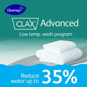 Diversey Clax Advanced low temperature fabric wash detergent, eco-friendly, water-saving, and effective for commercial laundry facilities.