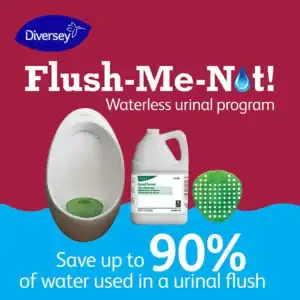 Waterless urinal program by Diversey promotes water conservation and hygiene, offering up to 90% water savings; ideal for commercial and public restrooms.