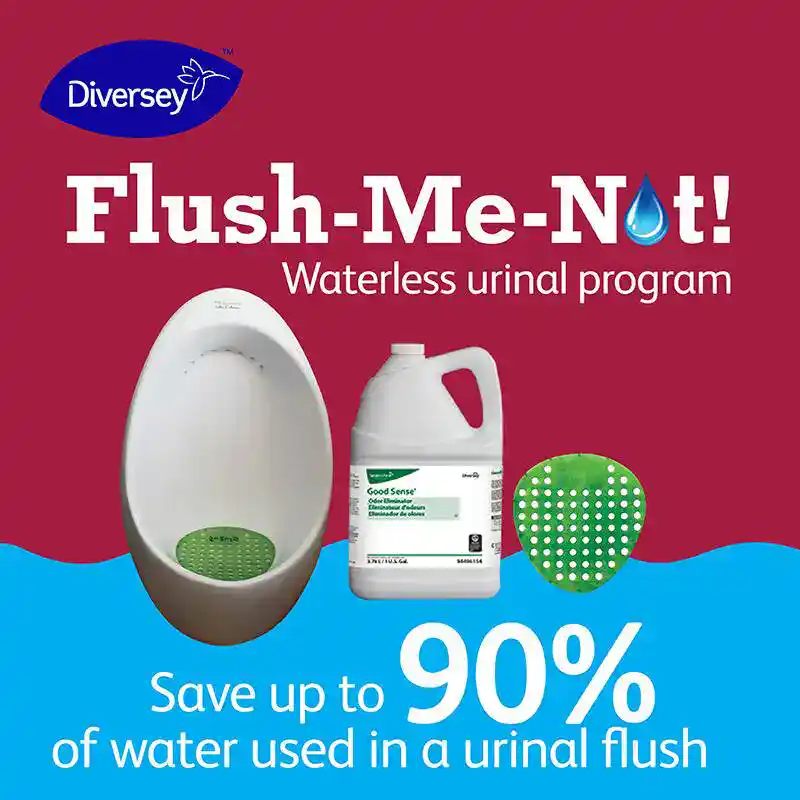 Waterless urinal program by Diversey promotes water conservation and hygiene, offering up to 90% water savings; ideal for commercial and public restrooms.