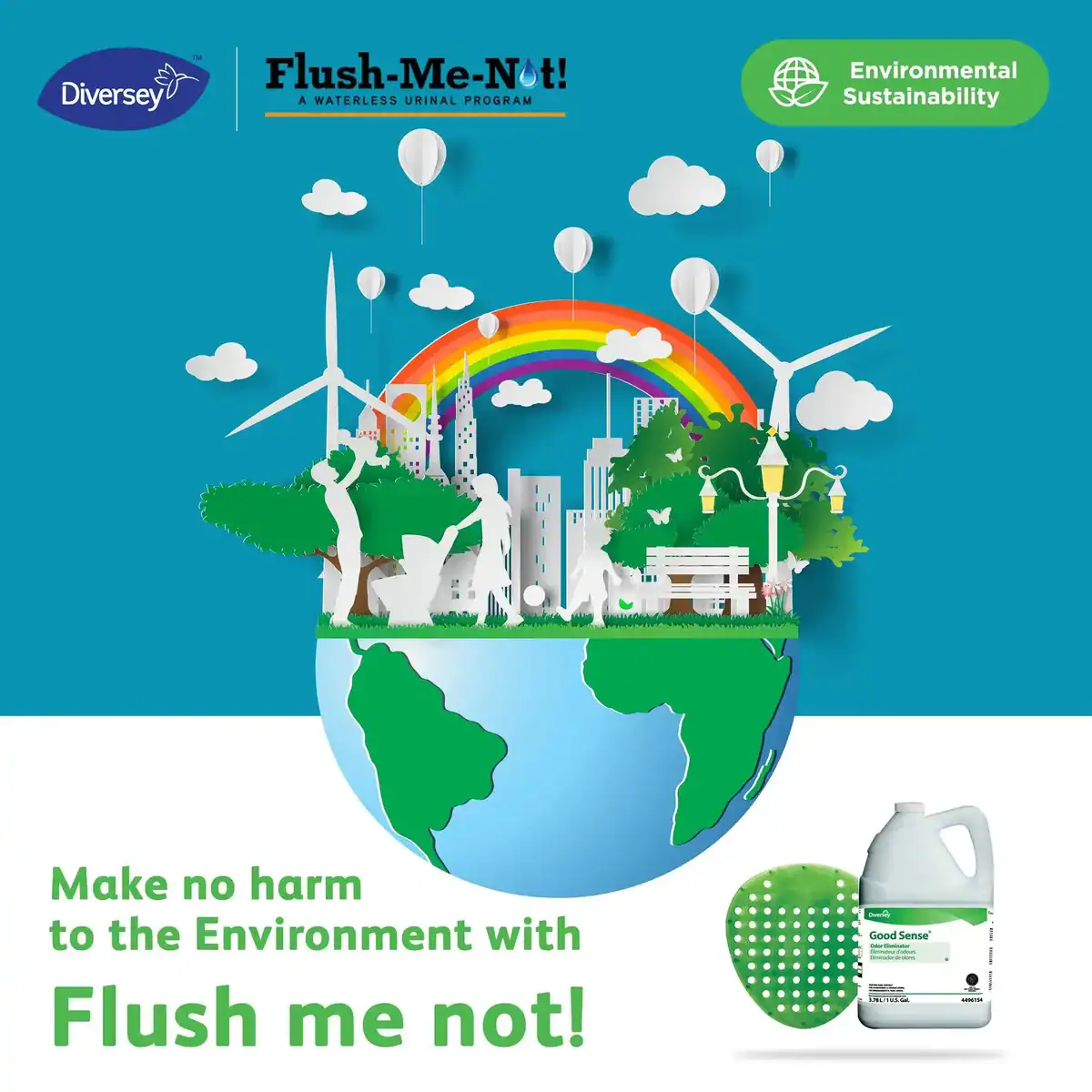 Earth with green continents, eco-friendly cityscape with trees, wind turbines, and rainbow highlighting environmental sustainability and eco-conscious sanitation solutions.
