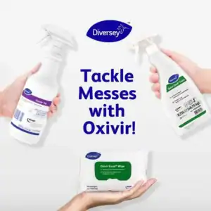 Diversey Oxivir disinfectant spray and wipes for effective germ removal and hygiene maintenance, ideal for commercial and healthcare cleaning in Asia.