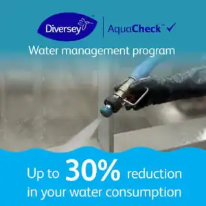 Water management program by Beyond Hygiene Asia featuring Diversy AquaCheck for reducing water consumption.