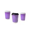 Disposable coffee cups with purple sleeves and white lids, ideal for cafes and catering services.