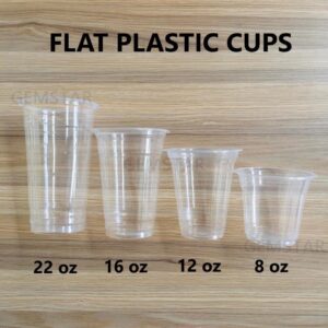 22 oz, 16 oz, 12 oz, 8 oz clear flat plastic cups for disposable drinkware, ideal for parties, events, and food service - hygienic, lightweight, and recyclable.