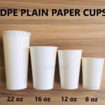 Plastic DPE plain paper cups in four sizes: 22 oz, 16 oz, 12 oz, and 8 oz, ideal for beverages in catering, events, and foodservice. Durable, disposable, and eco-friendly.