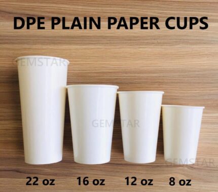 Plastic DPE plain paper cups in four sizes: 22 oz, 16 oz, 12 oz, and 8 oz, ideal for beverages in catering, events, and foodservice. Durable, disposable, and eco-friendly.