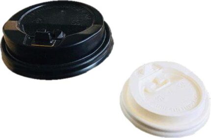 Black and white disposable coffee cup lids, emphasizing hygiene and convenience.