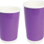 Disposable purple paper cups for beverages, ideal for events and catering services.