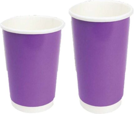 Disposable purple paper cups for beverages, ideal for events and catering services.