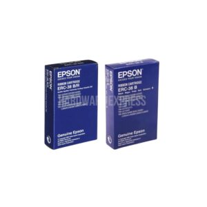 Epson ribbon cartridges ERC-38 B and ERC-38 B/R in blue packaging, compatible with Epson printers for durable printing and high-quality text output.