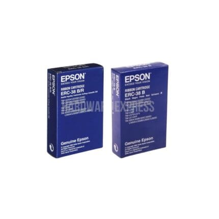 Epson ribbon cartridges ERC-38 B and ERC-38 B/R in blue packaging, compatible with Epson printers for durable printing and high-quality text output.