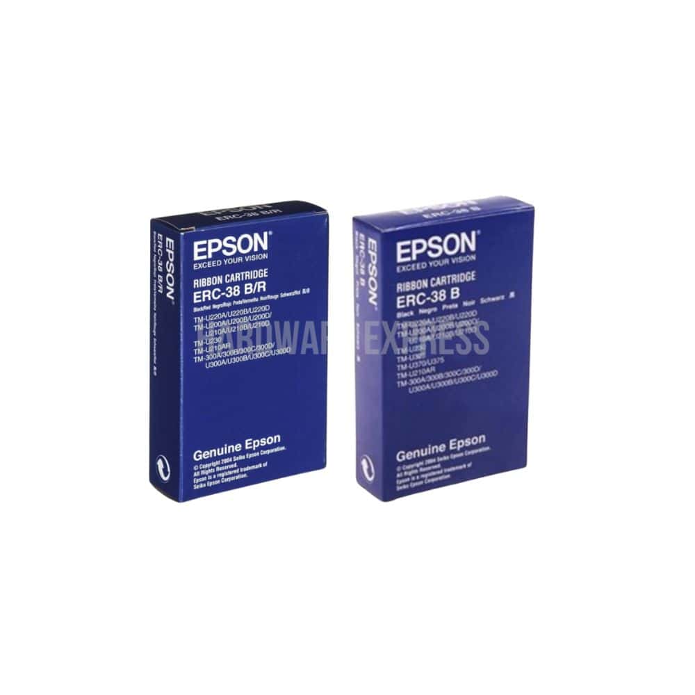 ERC 38 Ribbon Cartridge (for POS Printer) Epson ribbon cartridges ERC-38 B and ERC-38 B/R in blue packaging, compatible with Epson printers for durable printing and high-quality text output.