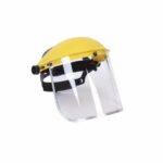 High-visibility yellow safety helmet with face shield for industrial and construction safety compliance.