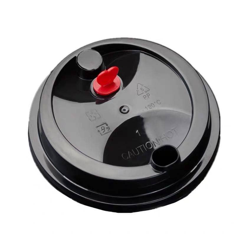 Hard Lid, Transparent w Red Plug Black disposable coffee cup lid with safety instructions and a red tab.