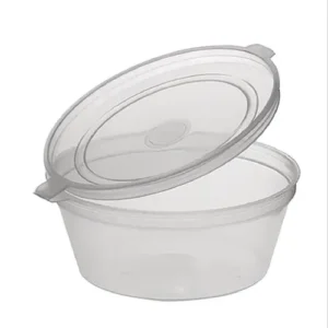 Clear plastic food storage container with hinged lid, ideal for hygienic food preservation and organization.