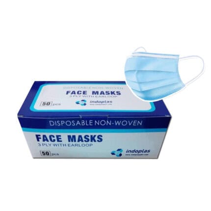 Face masks box with blue disposable non-woven masks on a white background.