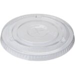 Recyclable plastic food container lid, clear round disposable lid for takeaway food packaging, environmentally friendly and safety compliant.