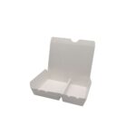 White takeaway food box, eco-friendly disposable food container, biodegradable packaging for takeaway meals.