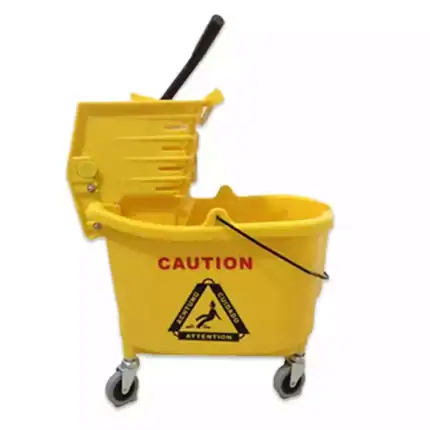 Yellow caution mop bucket with wringer and warning label, commercial cleaning equipment for janitorial services.