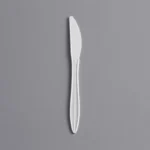 Stainless steel butter knife on gray background, clean and hygienic utensil for food service.