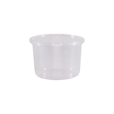 Clear plastic container used for food storage or catering purposes, emphasizing hygienic and eco-friendly disposable solutions.
