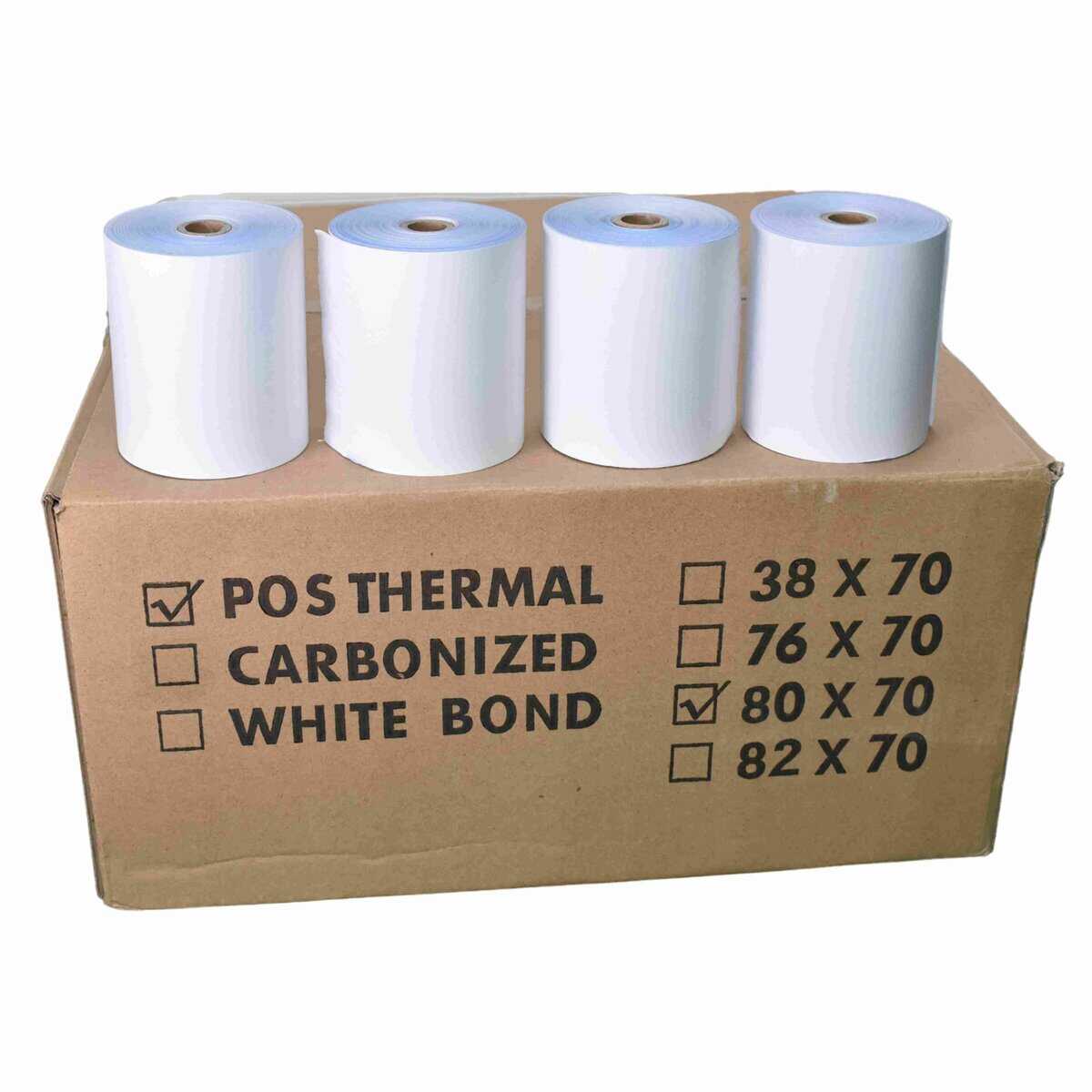 Thermal Paper (80x70) White thermal receipt paper rolls for POS printers on brown cardboard box, suitable for retail and hospitality industries.