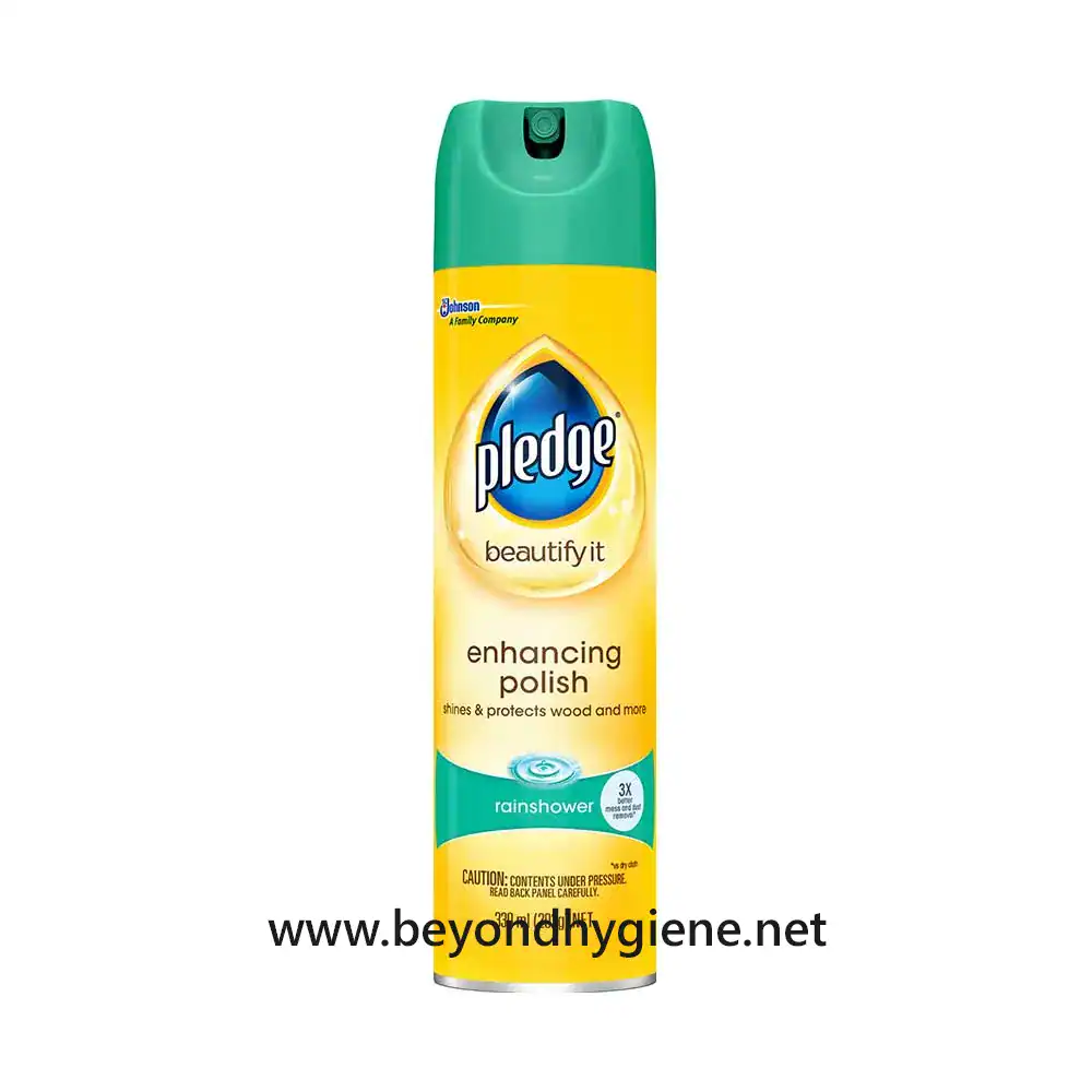 Pledge Rainshower 330ml Pledge enhance wood polish spray for furniture care, featuring rainshower scent, ideal for protecting and shining wood surfaces, available in Asia through Beyond Hygiene.