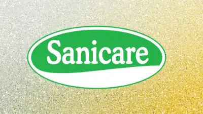 Sanicare hygiene and disinfectant product logo on a textured background for Beyond Hygiene Asia.