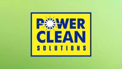 Power Clean Solutions logo with a bright yellow background and bold blue text, emphasizing professional cleaning and hygiene services in Asia.