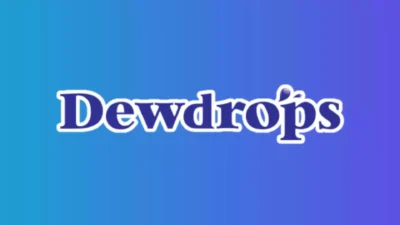 Dewdrops logo on a vibrant blue and purple gradient background, representing a fresh and clean brand image for hygiene and sanitation products or services.